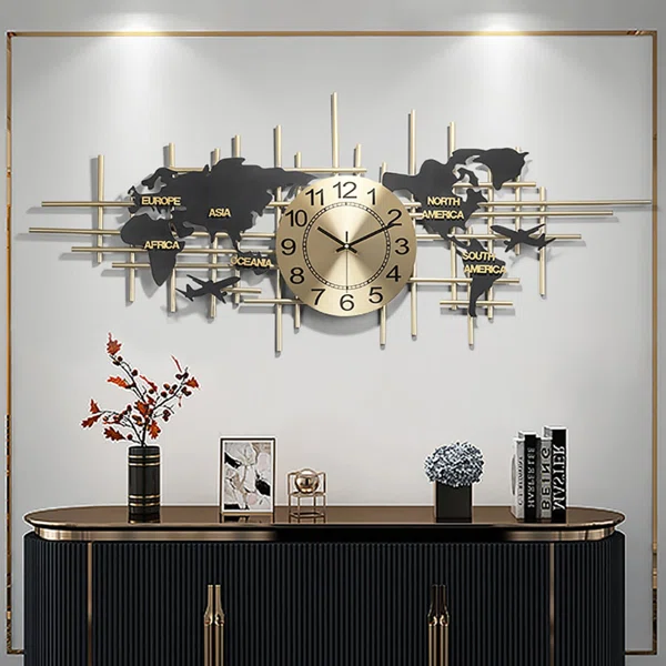 38" Modern Metal Large Map Wall Clock Decor Creative Silent Clocks Art For Living Room - Image 3