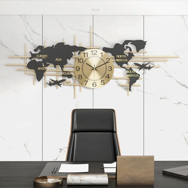 38" Modern Metal Large Map Wall Clock Decor Creative Silent Clocks Art For Living Room - Image 2