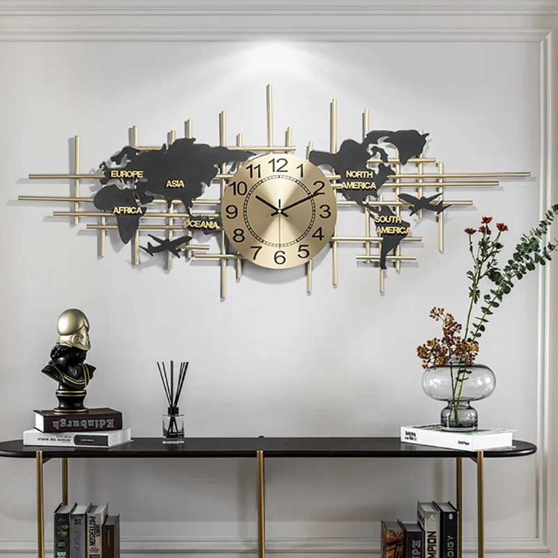 38" Modern Metal Large Map Wall Clock Decor Creative Silent Clocks Art For Living Room